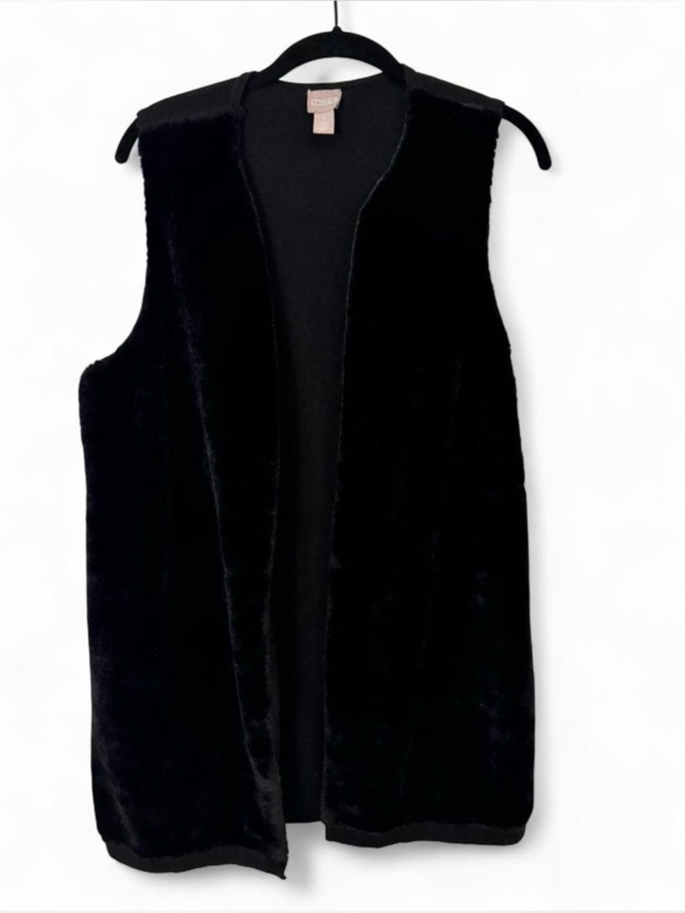 Chico's Black Velvet & Knit Open Long Vest